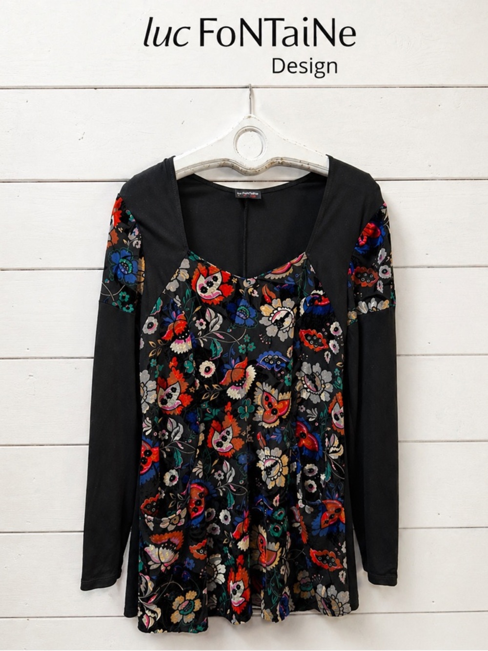 LUC FONTAINE Black Floral Velvet Jersey Tunic Size 14